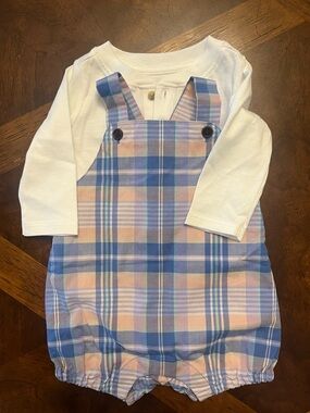 Janie and Jack Blue and Peach Plaid Bubble Romper with White Top set
